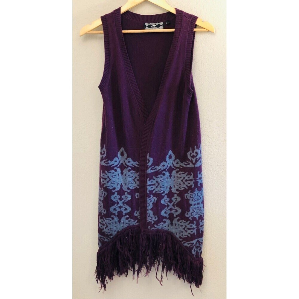 Y London Women Open Front Sweater Vest Duster Fringe 70s Style Retro Boho Chic